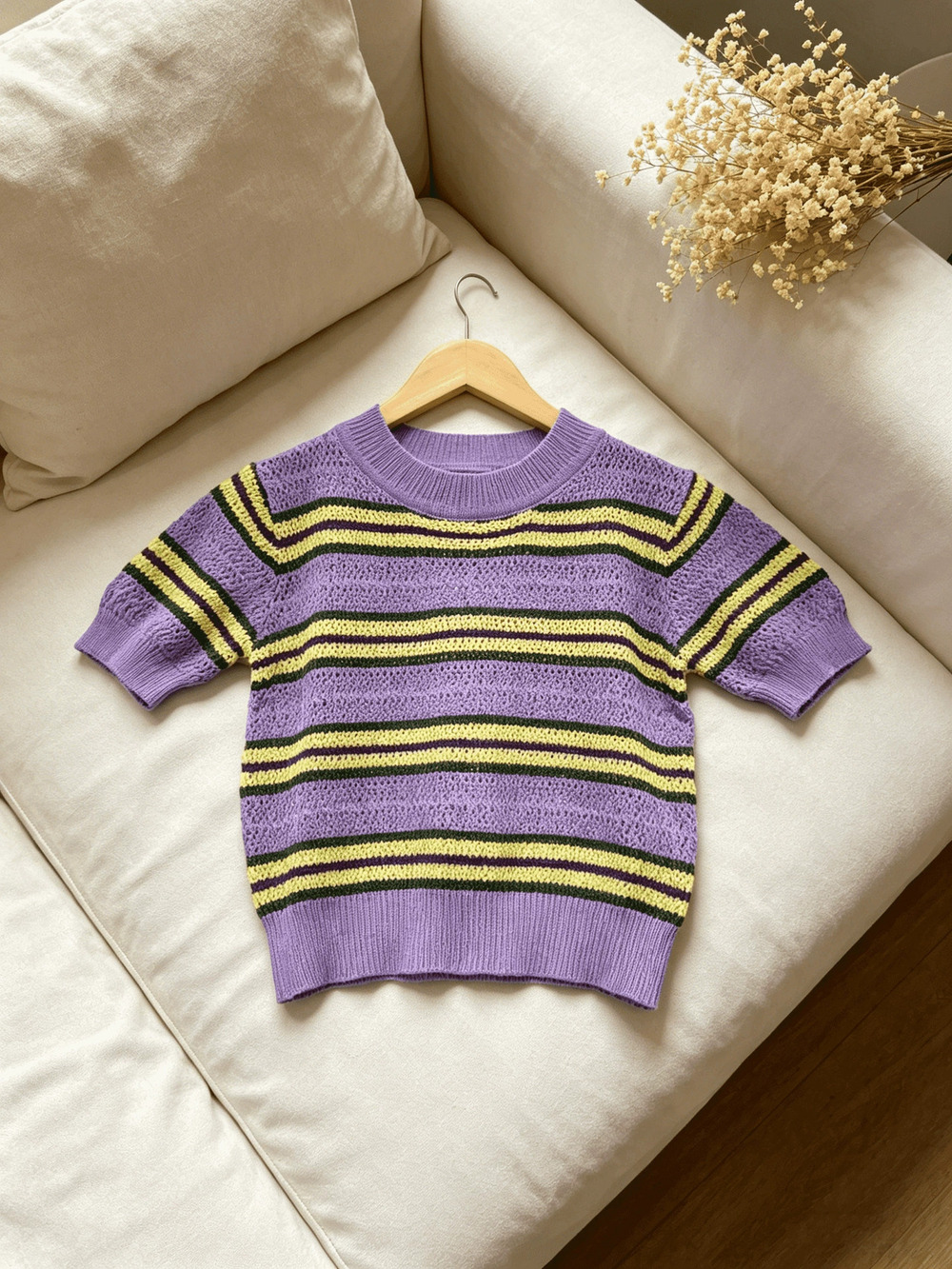ZARA Colorblock Stripe Round Neck Cutout Knit Ice Silk Short Sleeve Slim Fit Top
